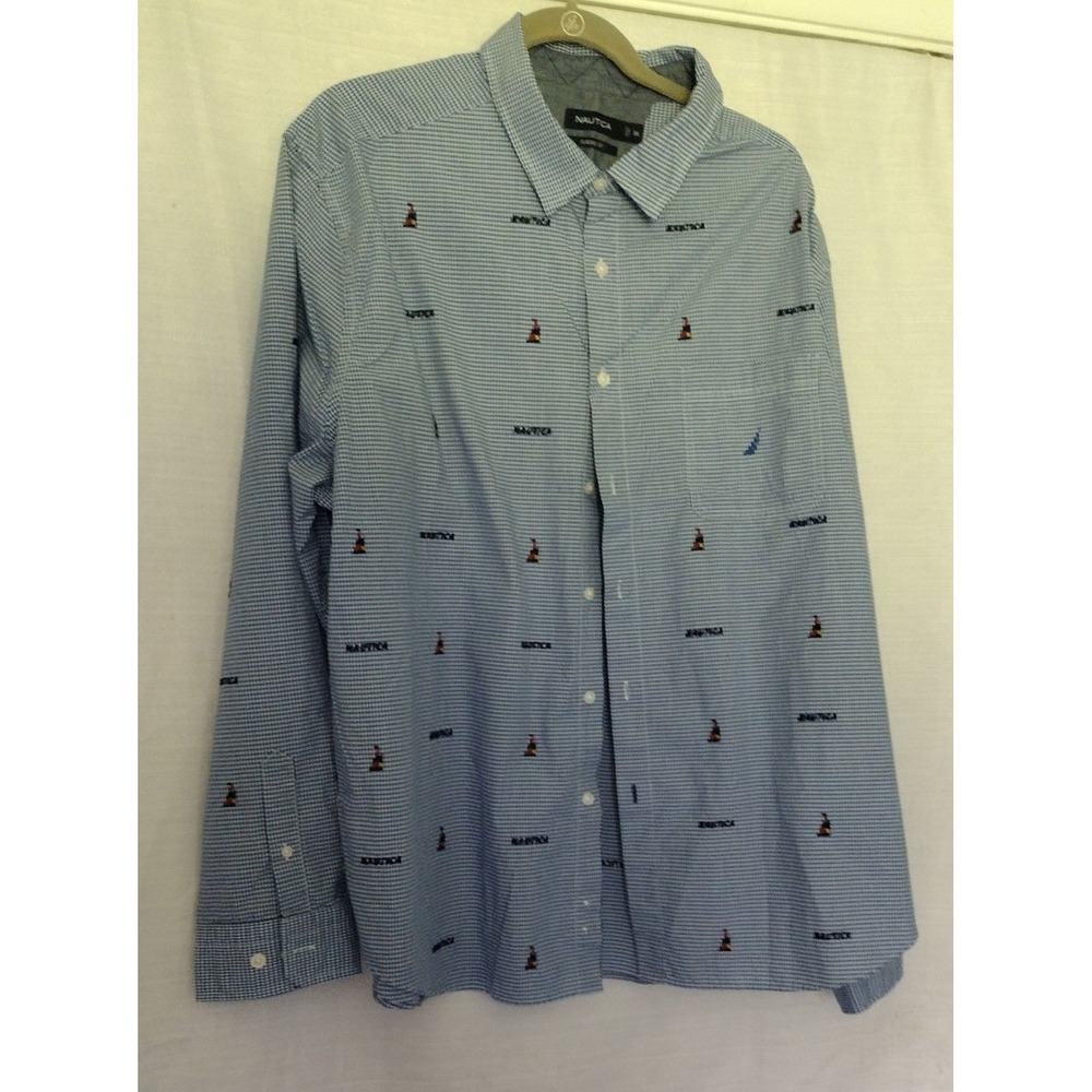 Nautica Men's 3XL Blue White Check Button Down Shirt Embroidered Sailboat
